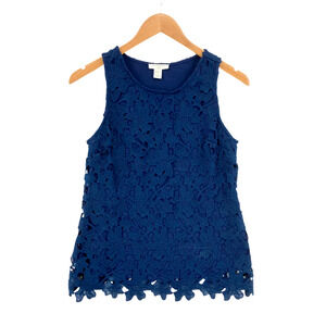 Saint Tropez West Women Navy Floral Lace Sleeveless Blouse Top Size XS Classic